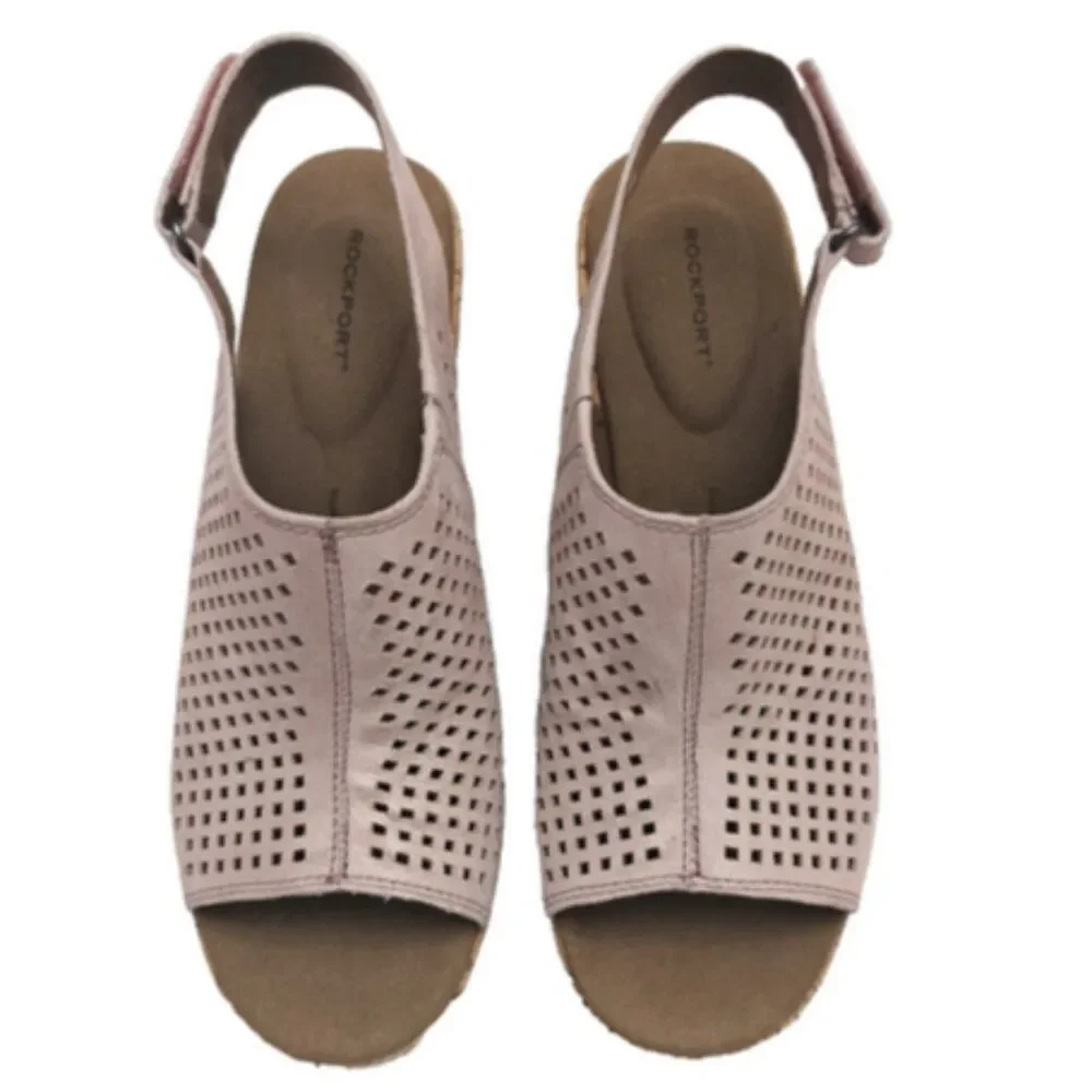 ROCKPORT Briah Perforated Slingback Cork Wedge Leather Sandal Pink Shimmer 9 NEW